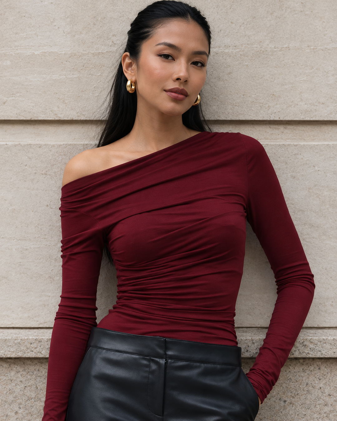 Off-Shoulder Ruched Long Sleeve T-Shirt