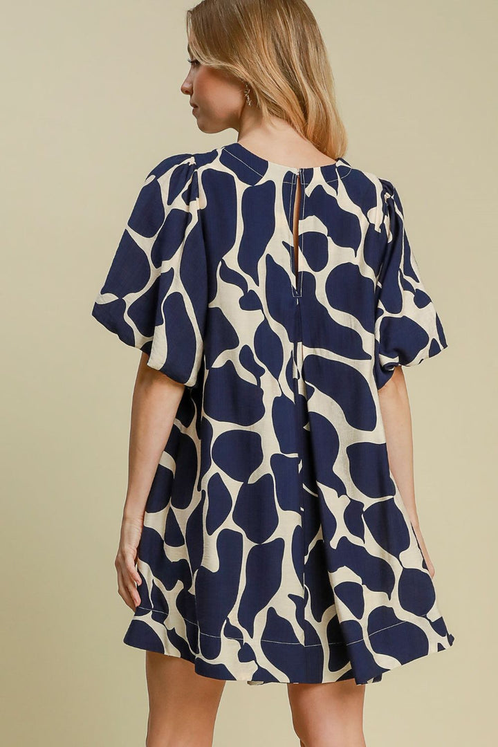 Two Tone Abstract Print Puff Sleeve Dress - Navy