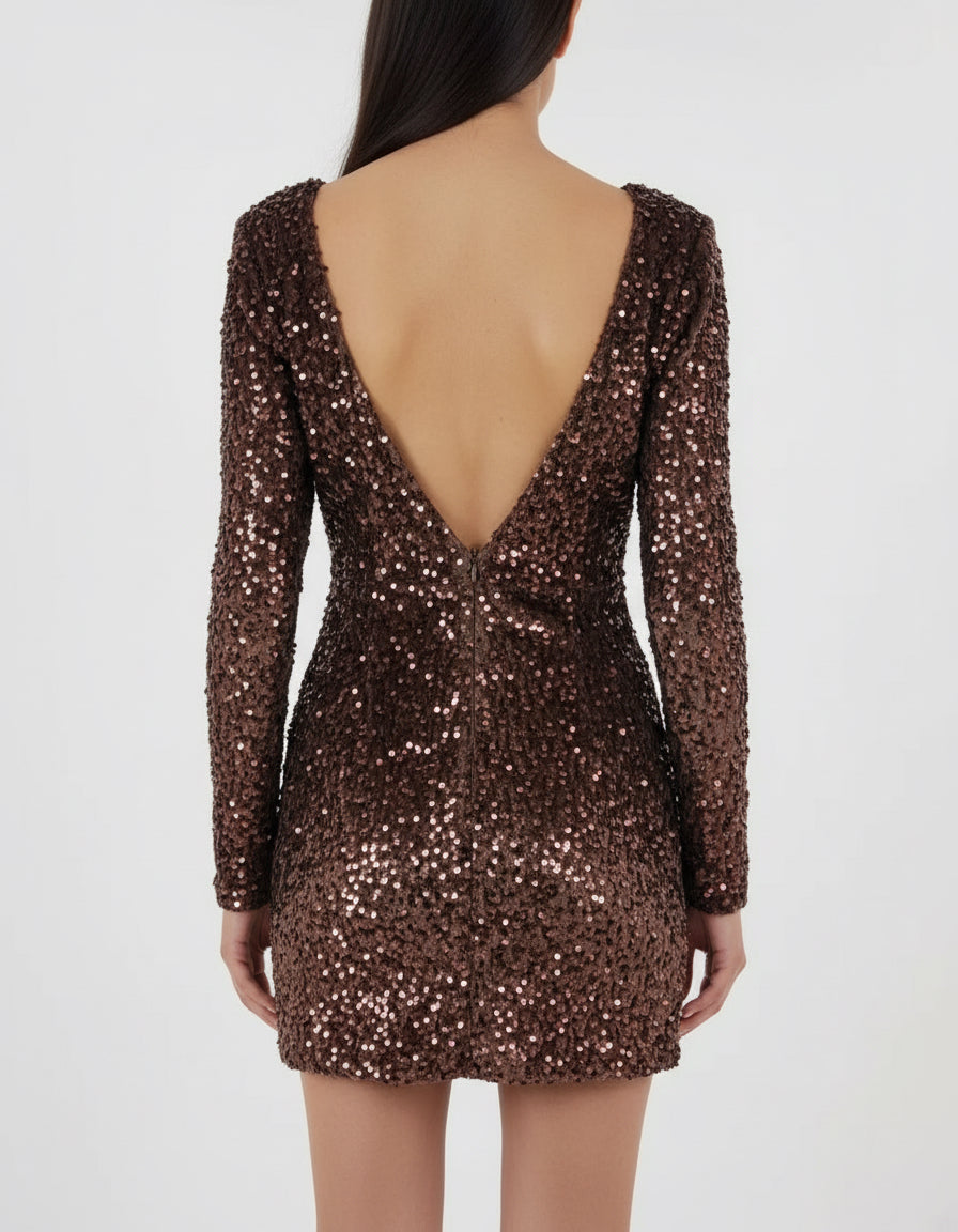 Sequin Velvet Mini Dress – Chocolate Bronze