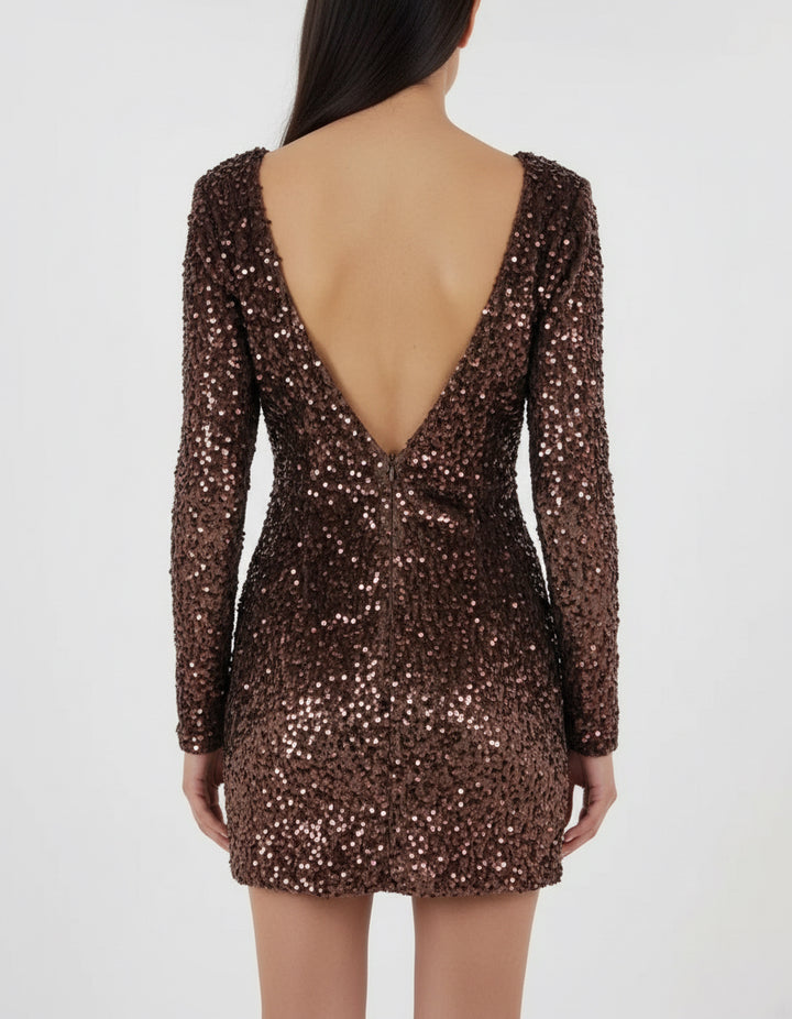 Sequin Velvet Mini Dress – Chocolate Bronze