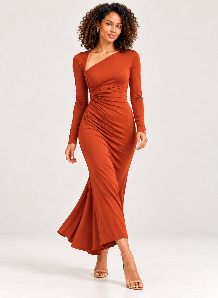 Asymmetrical Neck Ruched Long-Sleeve Dress