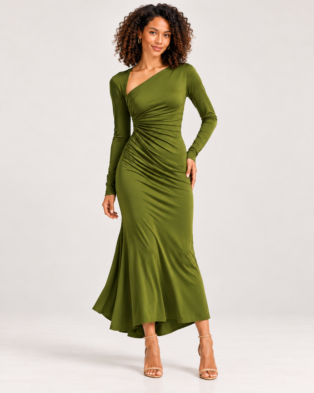 Asymmetrical Neck Ruched Long-Sleeve Dress