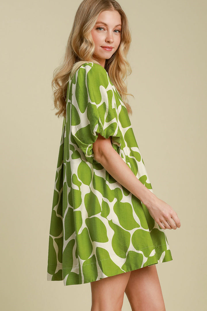 Two Tone Abstract Print Puff Sleeve Dress - Green