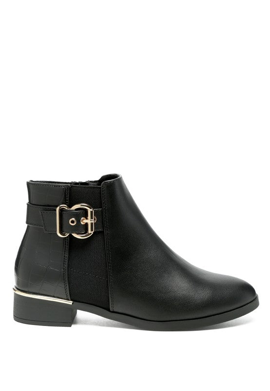 FROTHY BUCKLED ANKLE BOOT WITH CROC DETAIL