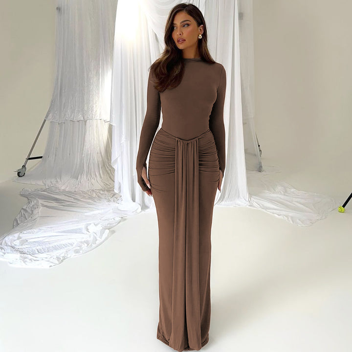 Elegant long sleeved sheath maxi dress with front draping