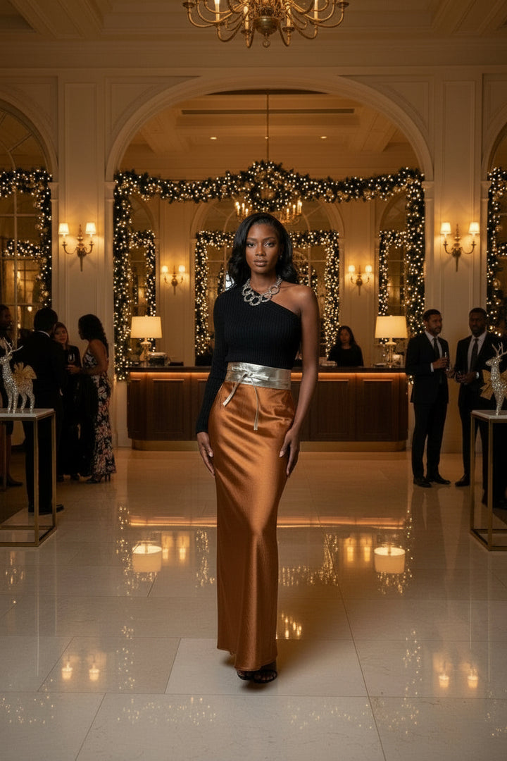 High-Waist Bronze Silk-Look Maxi Pencil Skirt