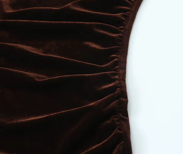 Velvet Brown Bodycon Dress with Lace Trim