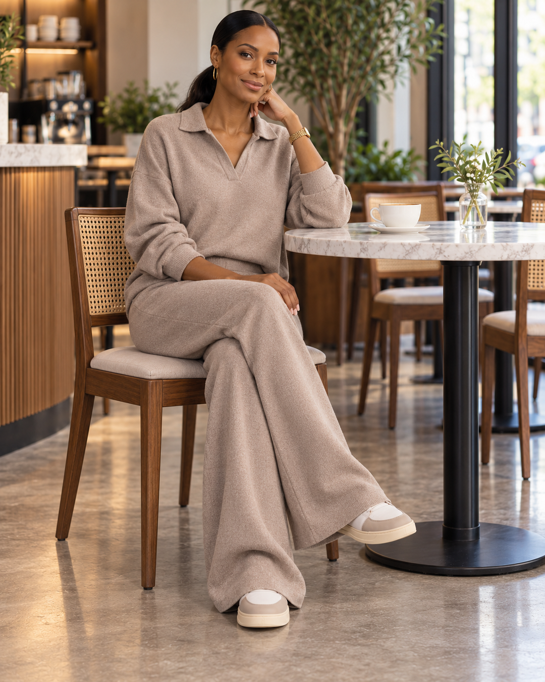 Polo Collar Top and Wide-Leg Pants Set