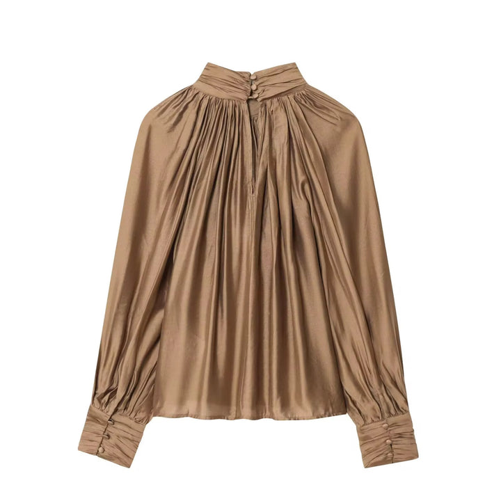 Gold Satin Mock-Neck Blouse