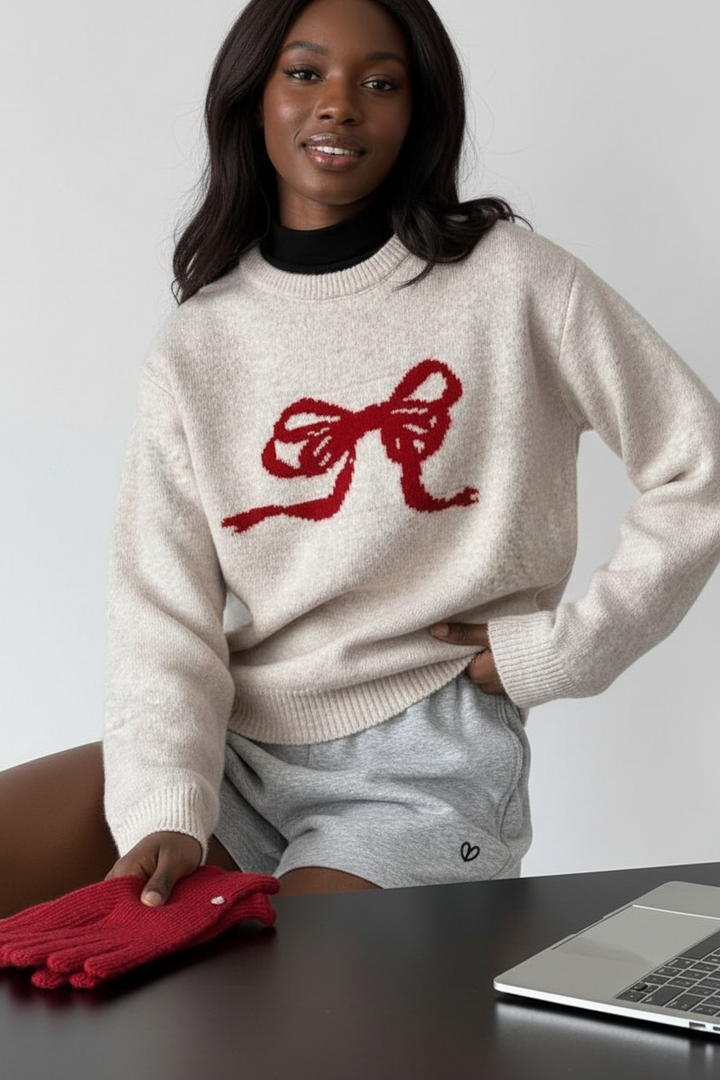 Charming Oversized Sweater with Red Bow Design