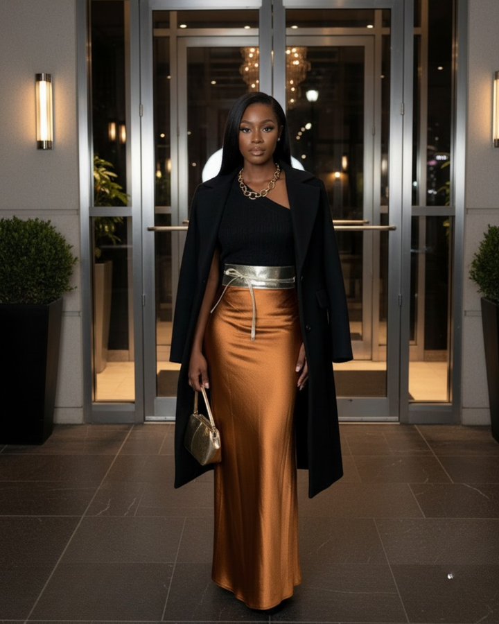 High-Waist Bronze Silk-Look Maxi Pencil Skirt