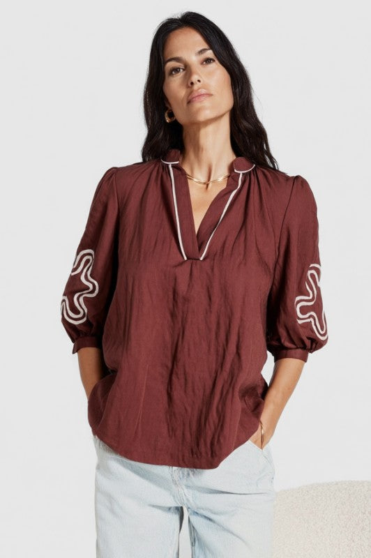 3/4 Sleeve Abstract Applique Blouse