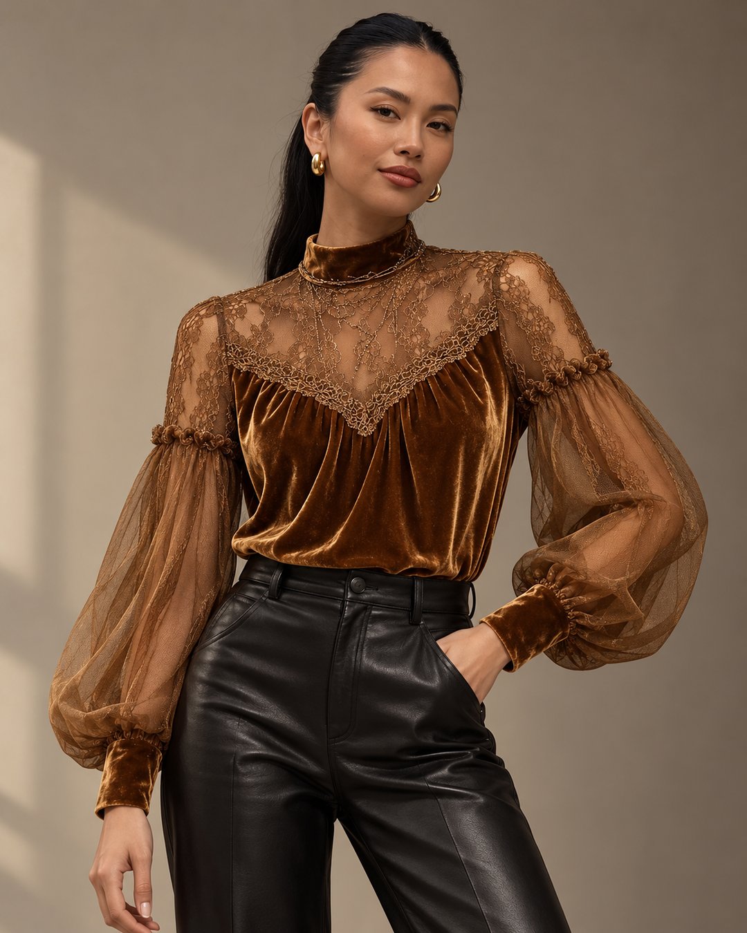 Velvet and Lace Mock Neck Blouse