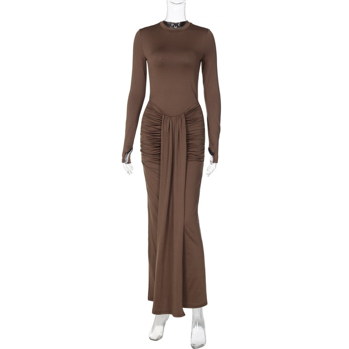 Elegant long sleeved sheath maxi dress with front draping