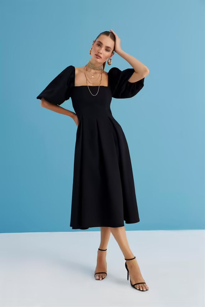 Square Neck Balloon Sleeve Midi Dress - Black