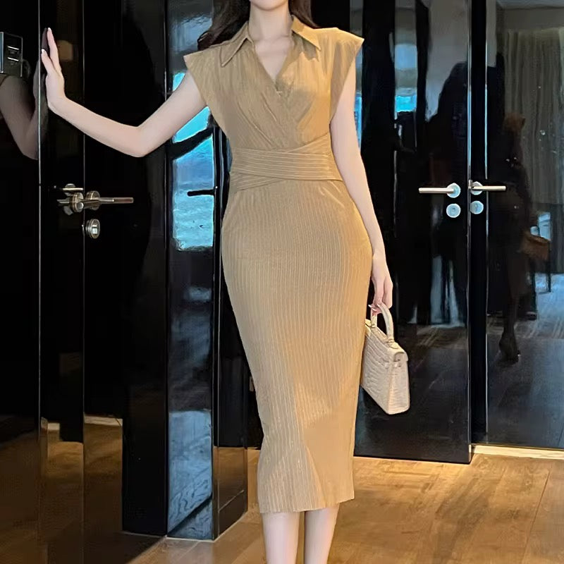 Camel Pinstripe Wrap Midi Dress – Tailored Elegance