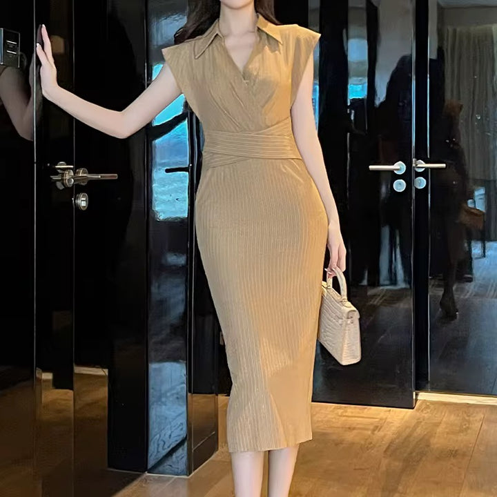 Camel Pinstripe Wrap Midi Dress – Tailored Elegance