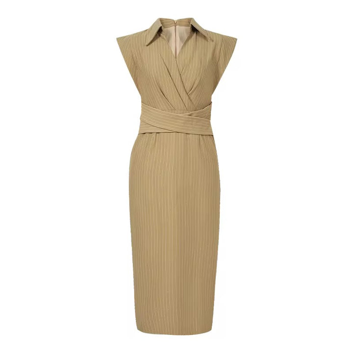 Camel Pinstripe Wrap Midi Dress – Tailored Elegance