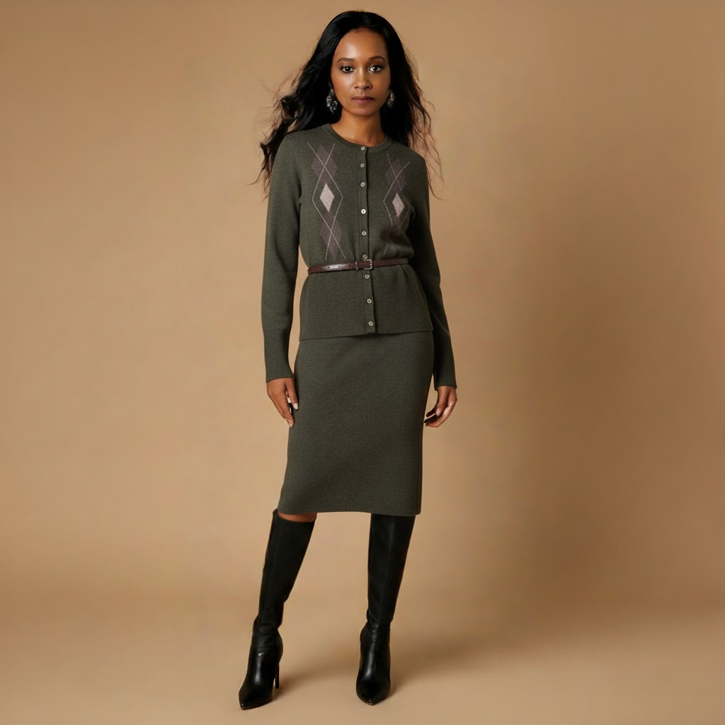 Argyle Pattern Cardigan and Skirt Set