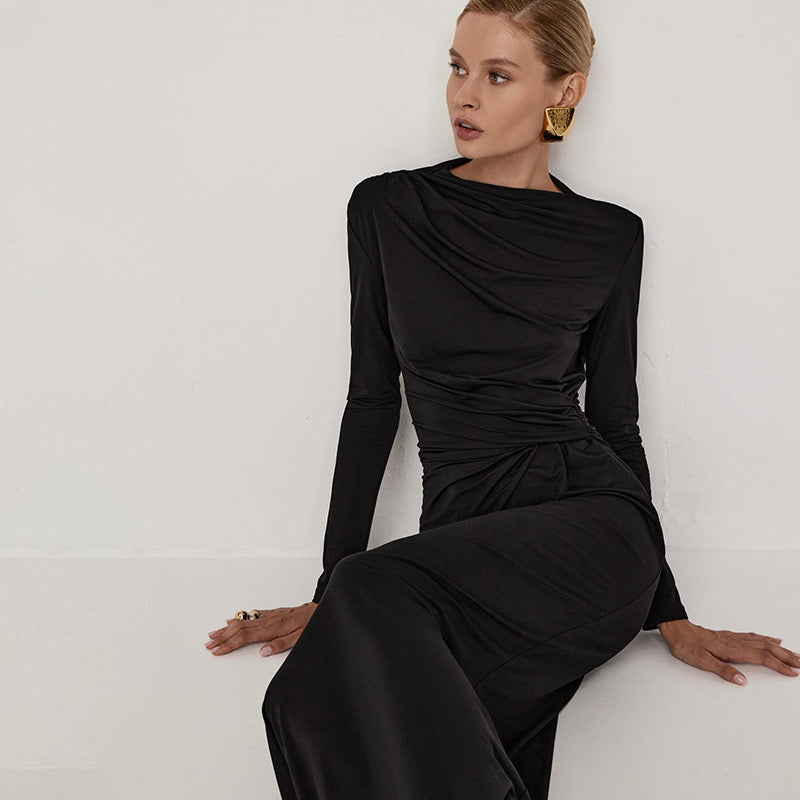 Long sleeved maxi dress with pleated sides