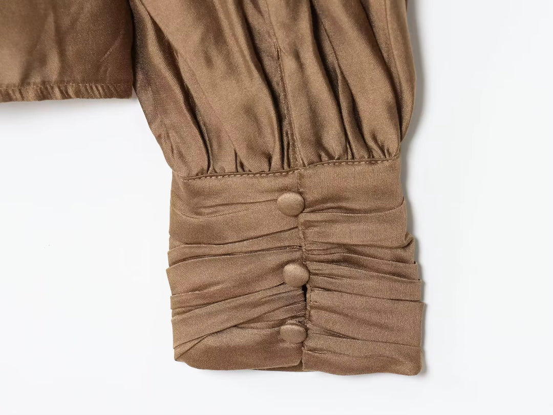 Gold Satin Mock-Neck Blouse