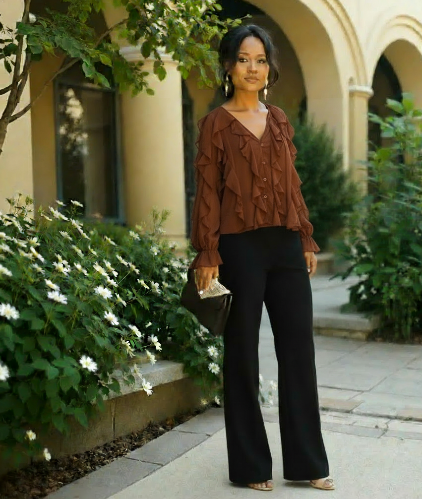 Brown Ruffled Chiffon Blouse