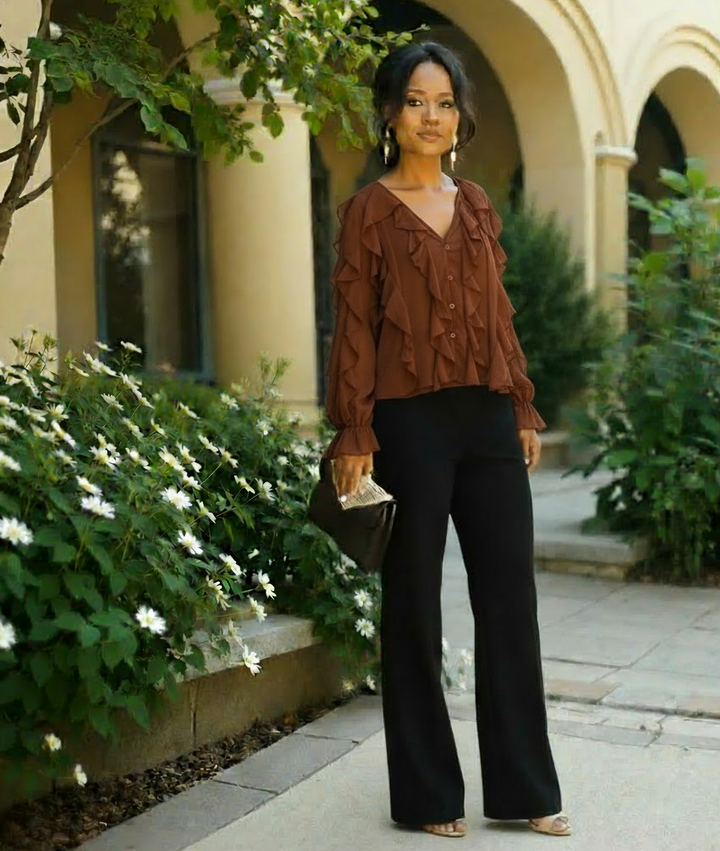 Brown Ruffled Chiffon Blouse