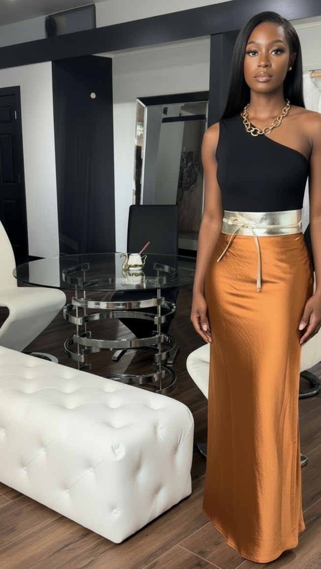 High-Waist Bronze Silk-Look Maxi Pencil Skirt