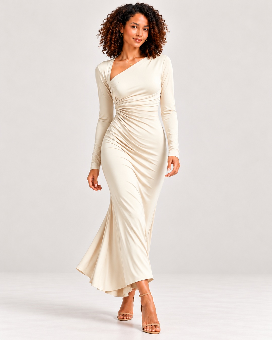 Asymmetrical Neck Ruched Long-Sleeve Dress