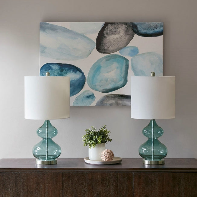 [Set of 2] Clear Glass Base Table Lamps, Teal Blue Glass