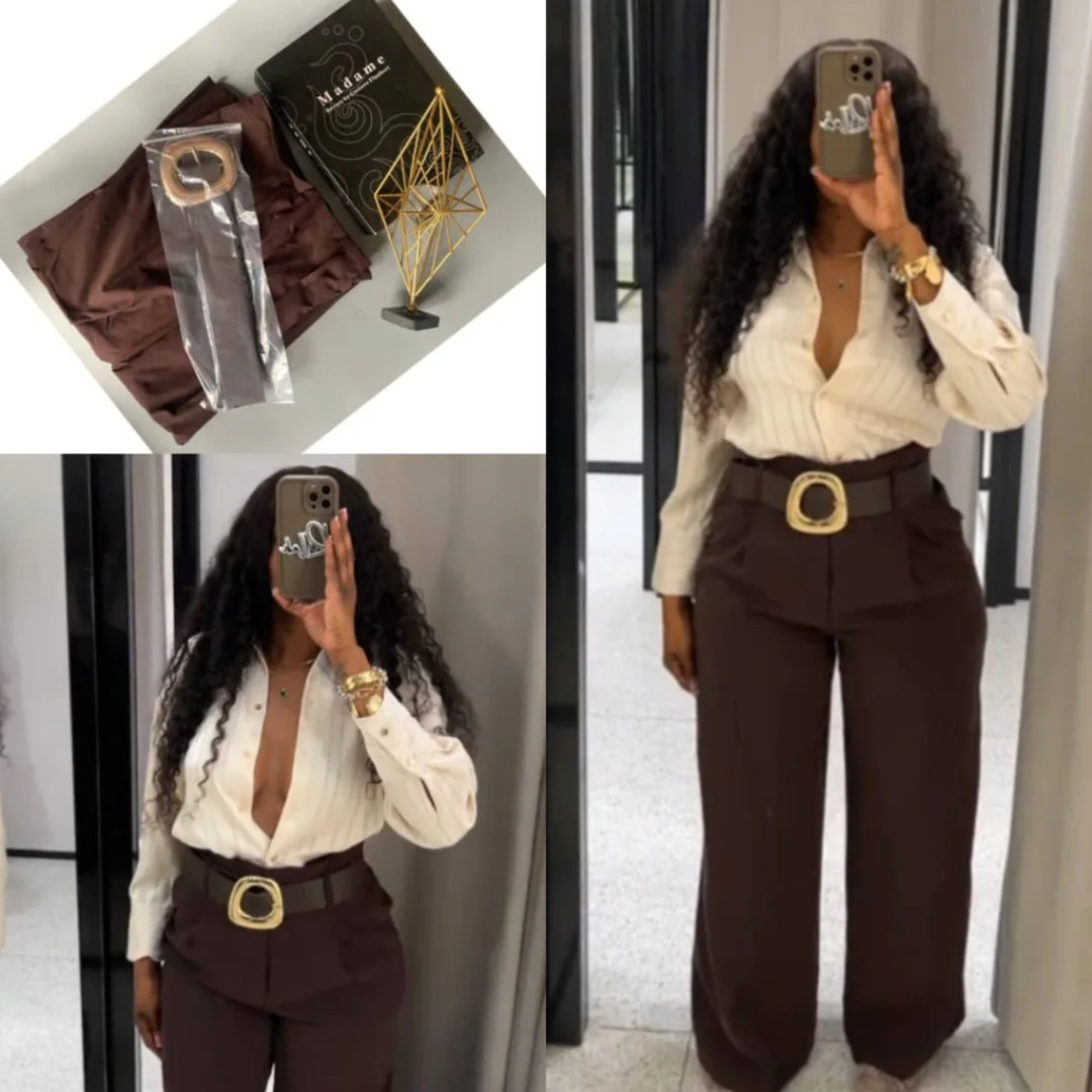 Brown High-Waist Wide-Leg Pants/ Belt