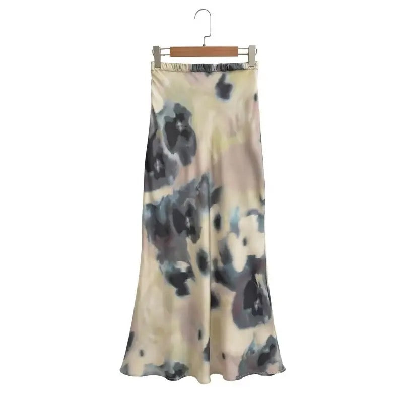 Tie dye satin midi skirt