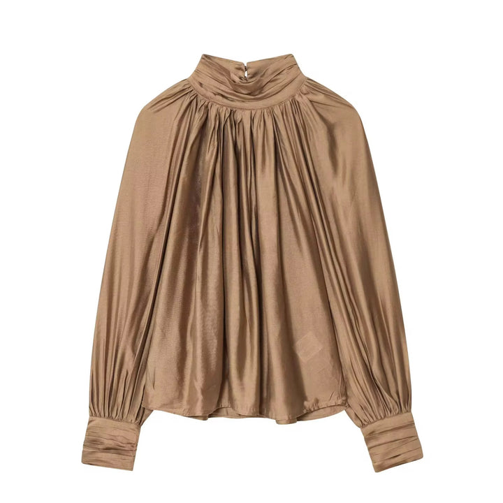 Gold Satin Mock-Neck Blouse