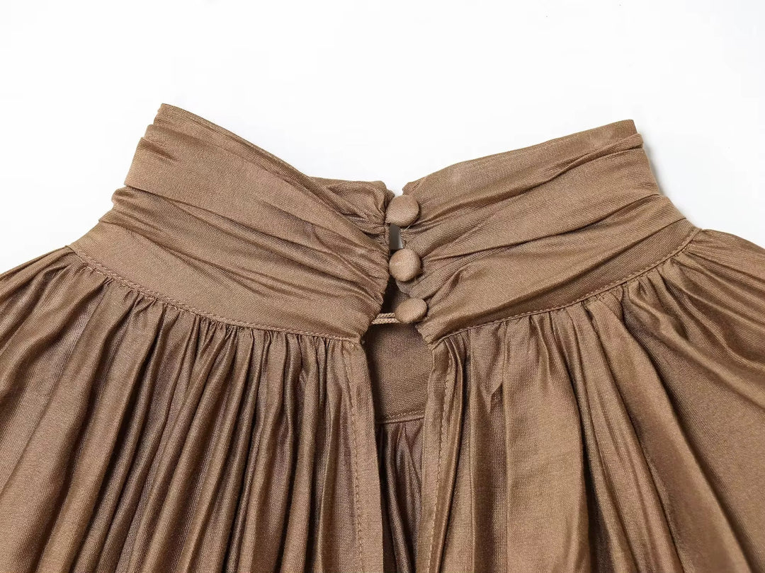 Gold Satin Mock-Neck Blouse