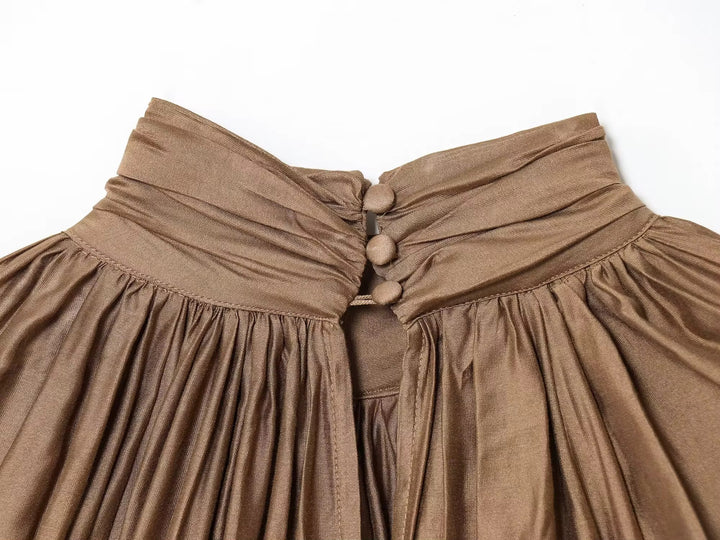 Gold Satin Mock-Neck Blouse