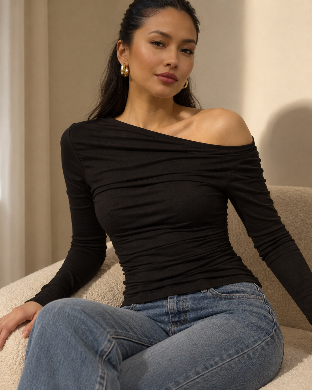 Off-Shoulder Ruched Long Sleeve T-Shirt