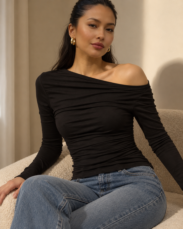 Off-Shoulder Ruched Long Sleeve T-Shirt