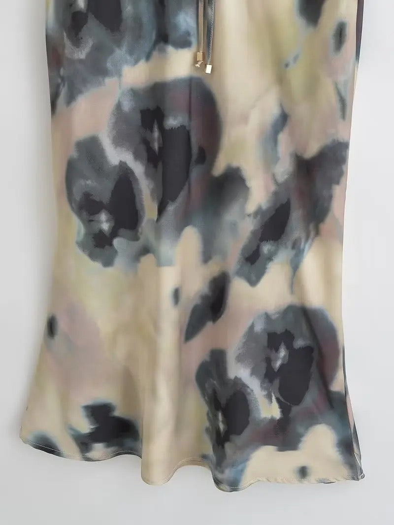 Tie dye satin midi skirt