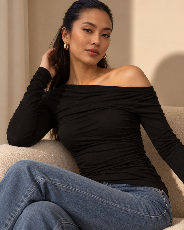 Off-Shoulder Ruched Long Sleeve T-Shirt