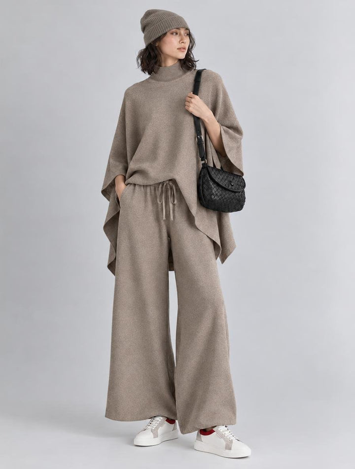 Elegant Turtleneck Poncho Sweater and Wide-Leg Knit Pants Set