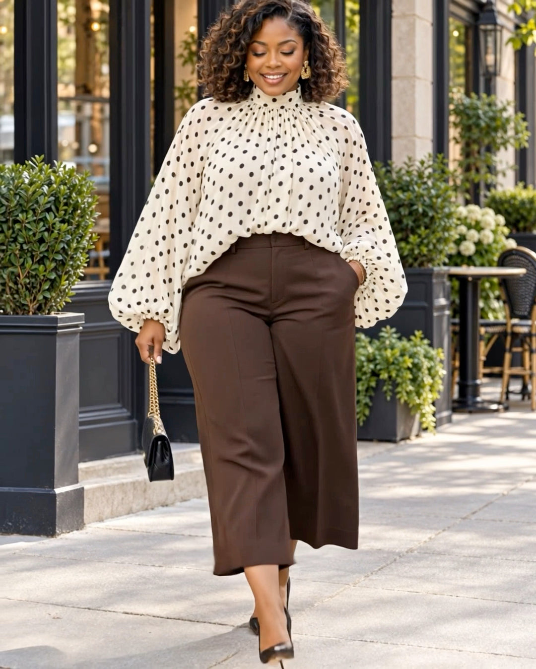 Polka Dot Balloon Sleeve Blouse