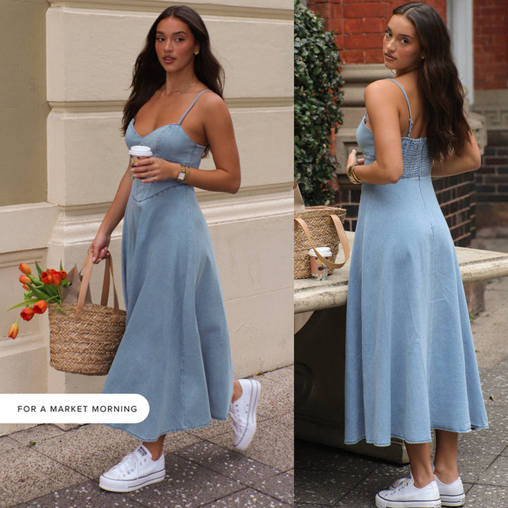 Smocked Sweetheart Neck Midi Cami Dress