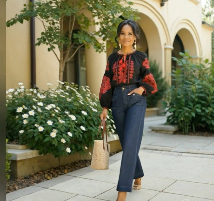 Embroidered Tassel Tie Neck Blouse
