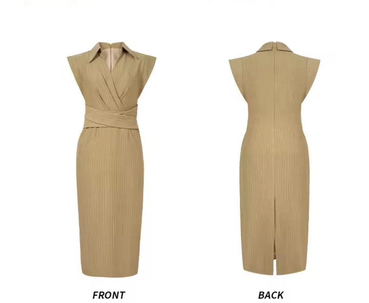 Camel Pinstripe Wrap Midi Dress – Tailored Elegance