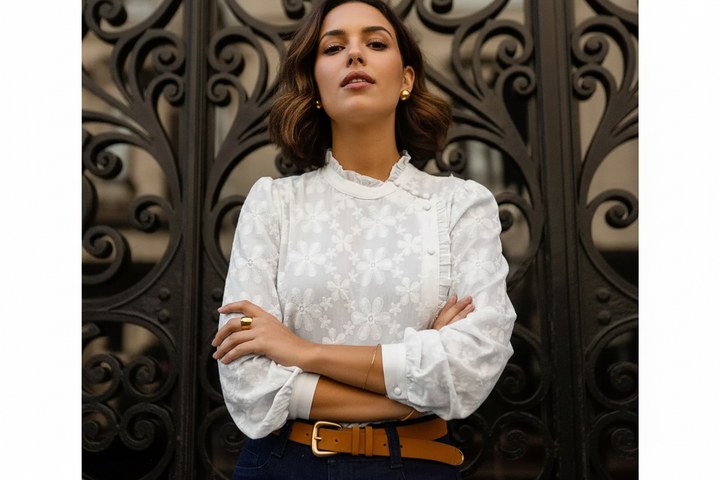 Floral Embroidered Ruffle Trim Blouse