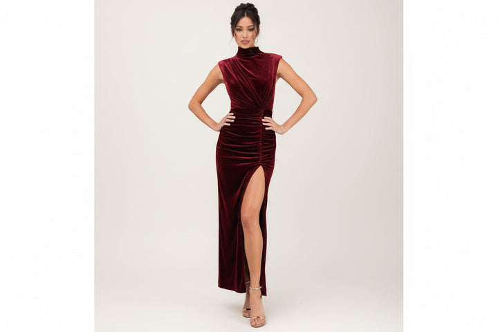 Wine Velvet High-Neck Maxi