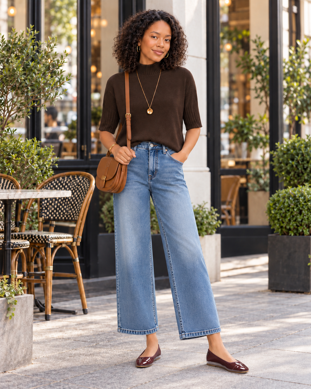 Ribbed Trim High Neck Short Sleeve Casual Sweater