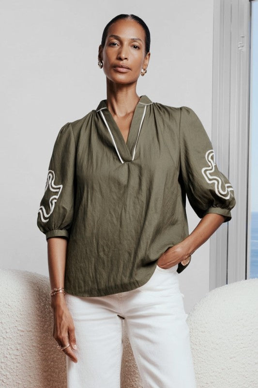 3/4 Sleeve Abstract Applique Blouse