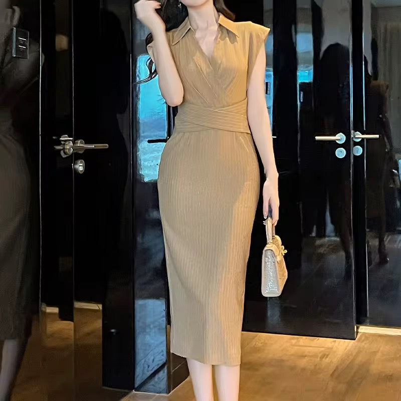 Camel Pinstripe Wrap Midi Dress – Tailored Elegance