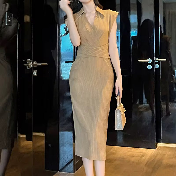 Camel Pinstripe Wrap Midi Dress – Tailored Elegance